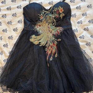 Black Strapless Tulle Dress with Embroidered Peacock from Chi Chi London